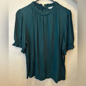 Amazon Essentials Teal Ruffle Neck Short Sleeve Blouse